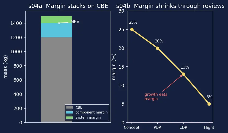 Figure — Mass budgets — dry mass, wet mass, margin
