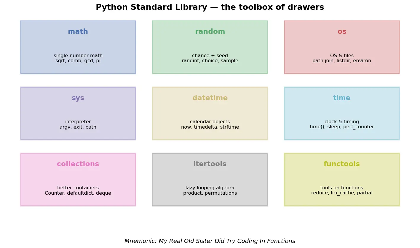 Figure — Standard library — math, random, os, sys, datetime, time, collections, itertools, functools