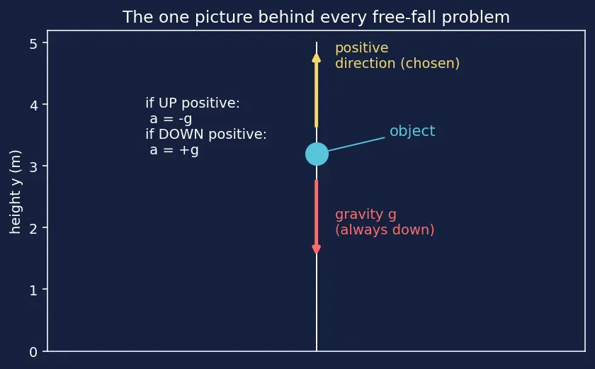 Figure — Free fall — g = 9.8 m - s², sign conventions