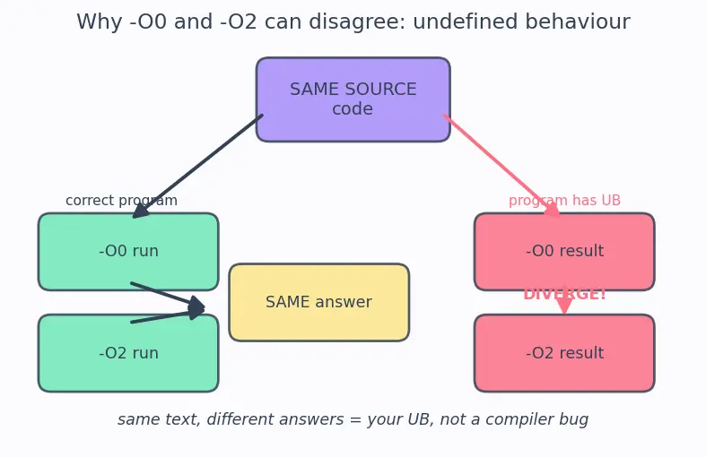 Figure — GCC - Clang flags — optimization (-O0 to -O3, -Os), warnings (-Wall, -Wextra), sanitizers