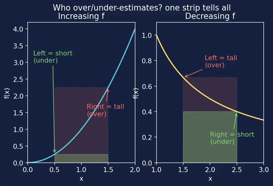 Figure — Riemann sums — left, right, midpoint; formal definition of definite integral