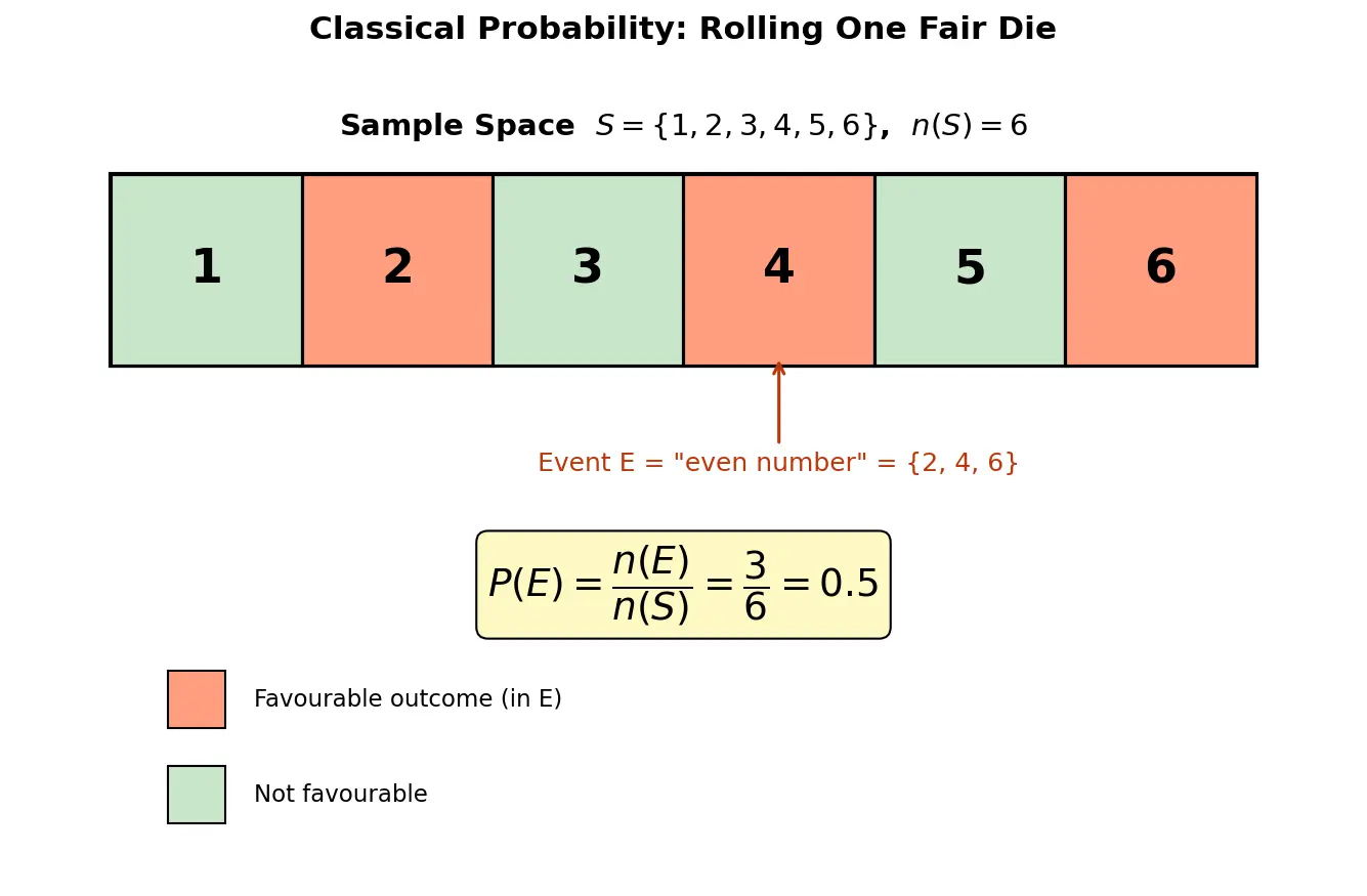 Figure — Probability basics — sample space, events, P(E) = favourable - total