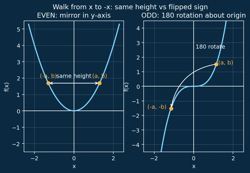Figure — Even and odd functions — graphical and algebraic tests