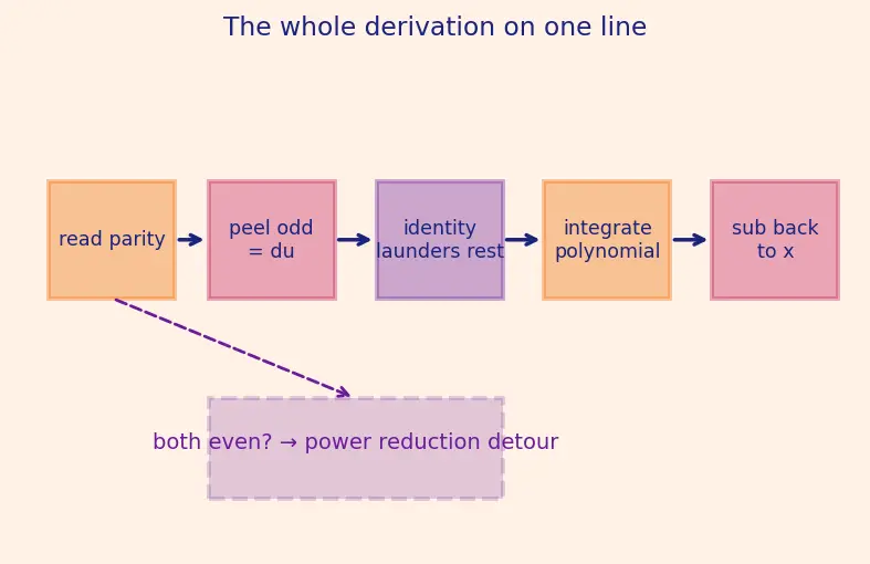 Figure — Trigonometric integrals — sinᵐ·cosⁿ cases, tan and sec cases