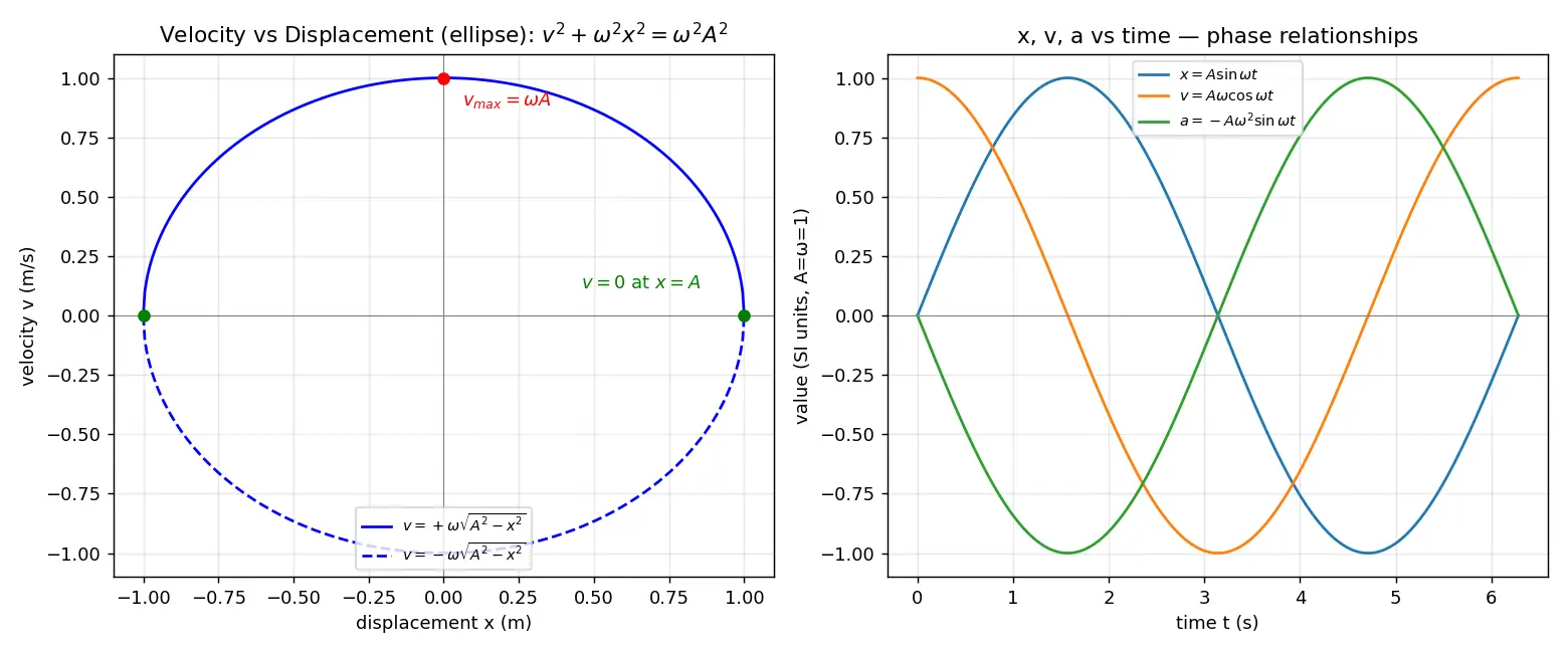 Figure — Velocity and acceleration in SHM — v = ω√(A² − x²)