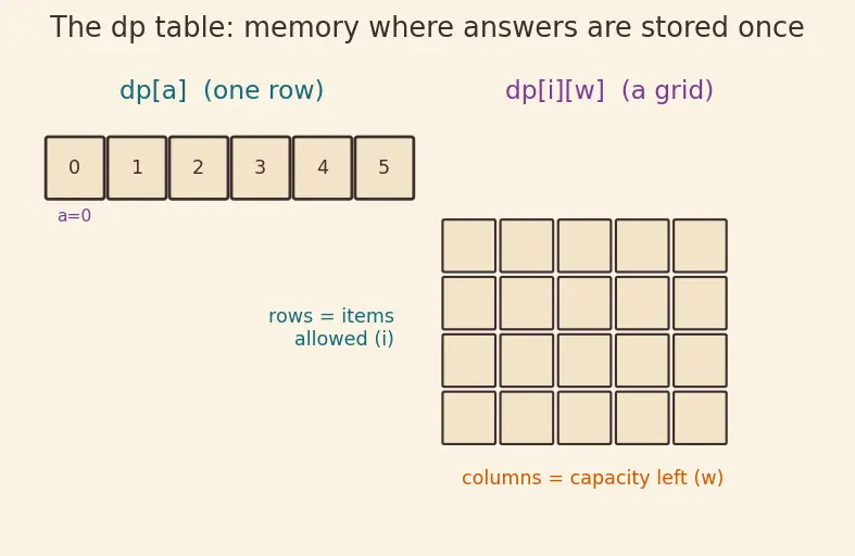 Figure — DP problems — Fibonacci, coin change (count + min), 0 - 1 knapsack