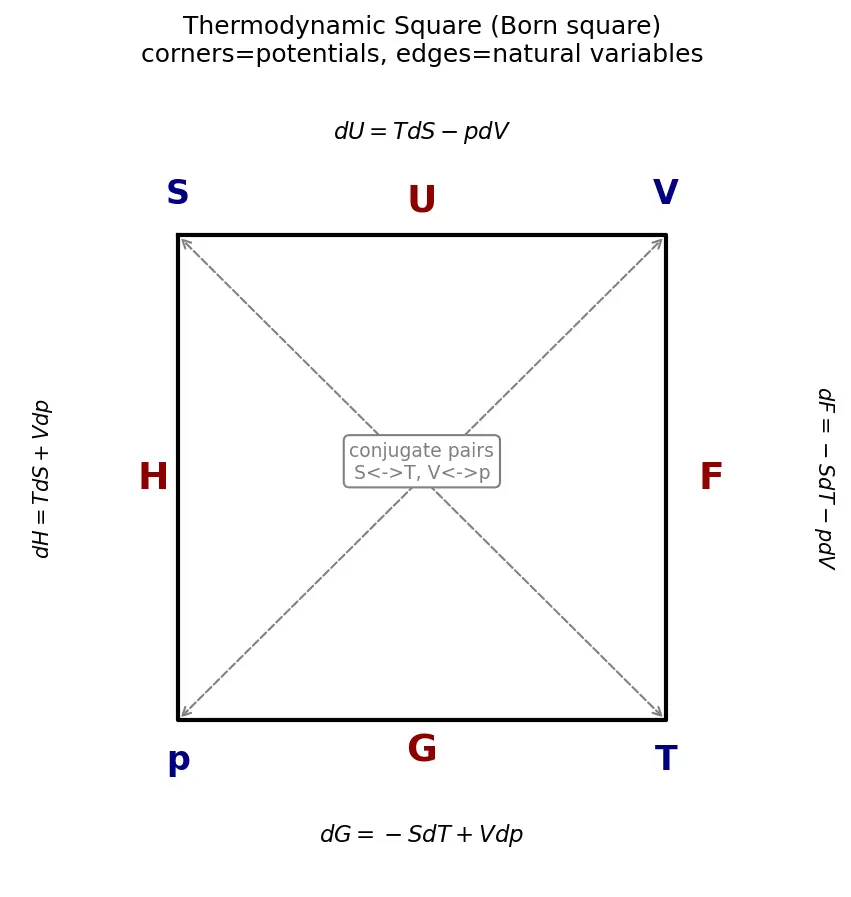 Figure — Thermodynamic potentials — U (internal), H (enthalpy), F (Helmholtz), G (Gibbs)