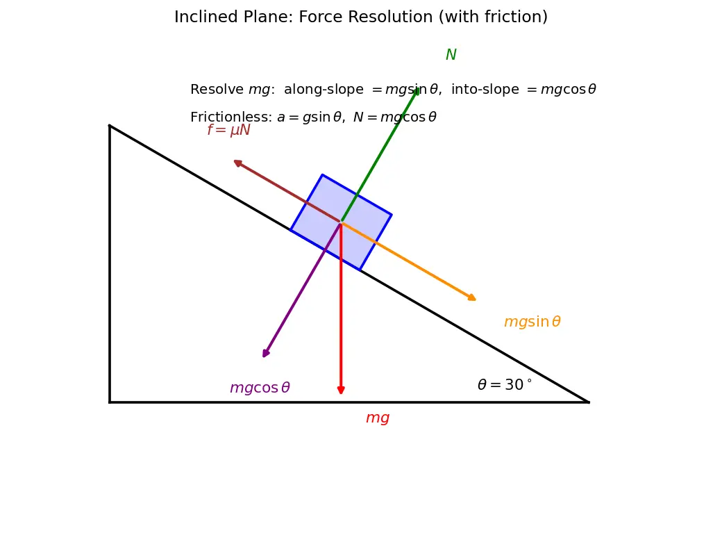 Figure — Inclined planes — with and without friction
