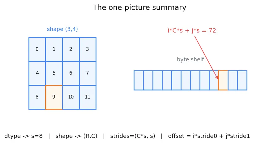 Figure — NumPy — ndarray structure, dtype, shape, strides