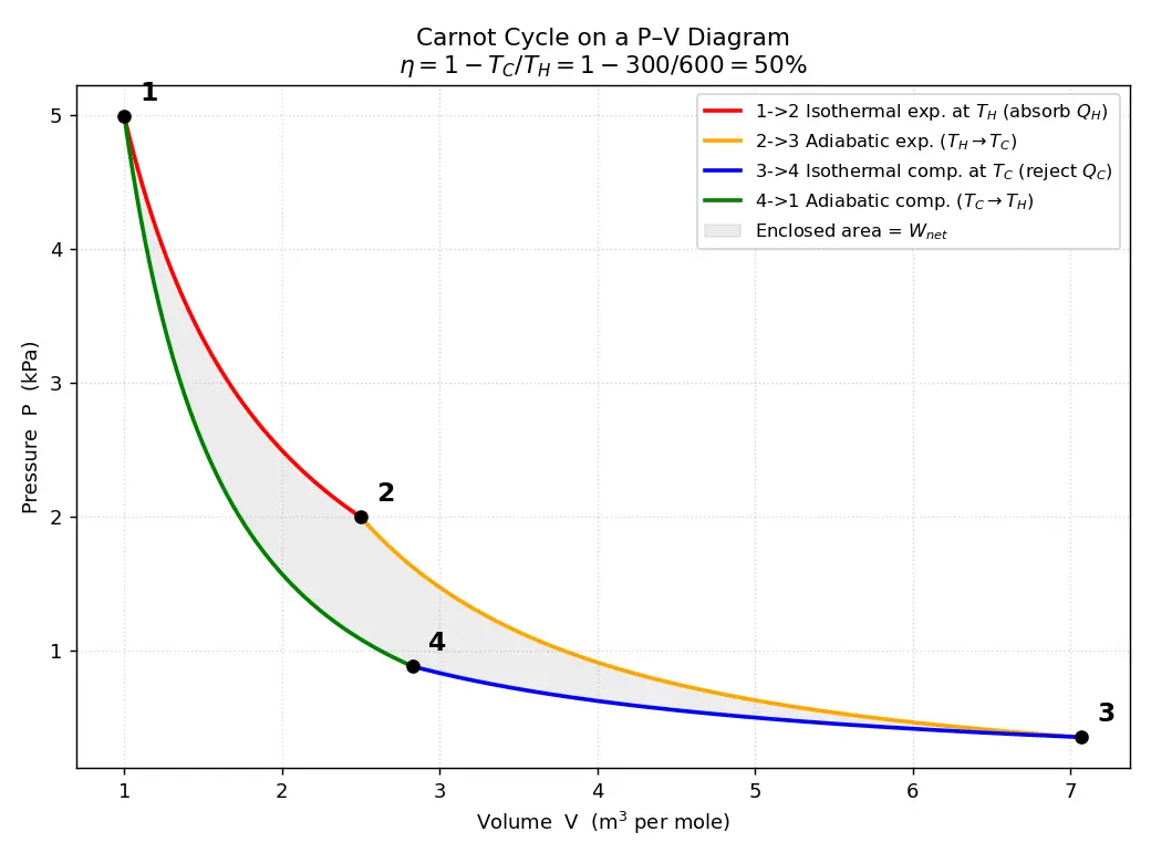 Figure — Carnot cycle — full derivation, efficiency = 1 − T_C - T_H