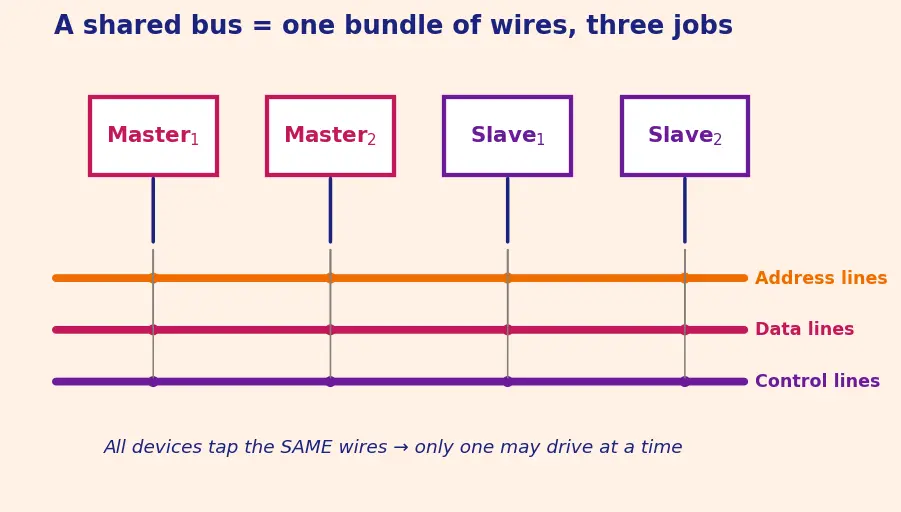 Figure — Bus topologies and arbitration