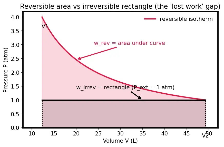 Figure — Work in expansion -  reversible isothermal w = −nRT ln(V₂ - V₁), irreversible w = −P_ext ΔV