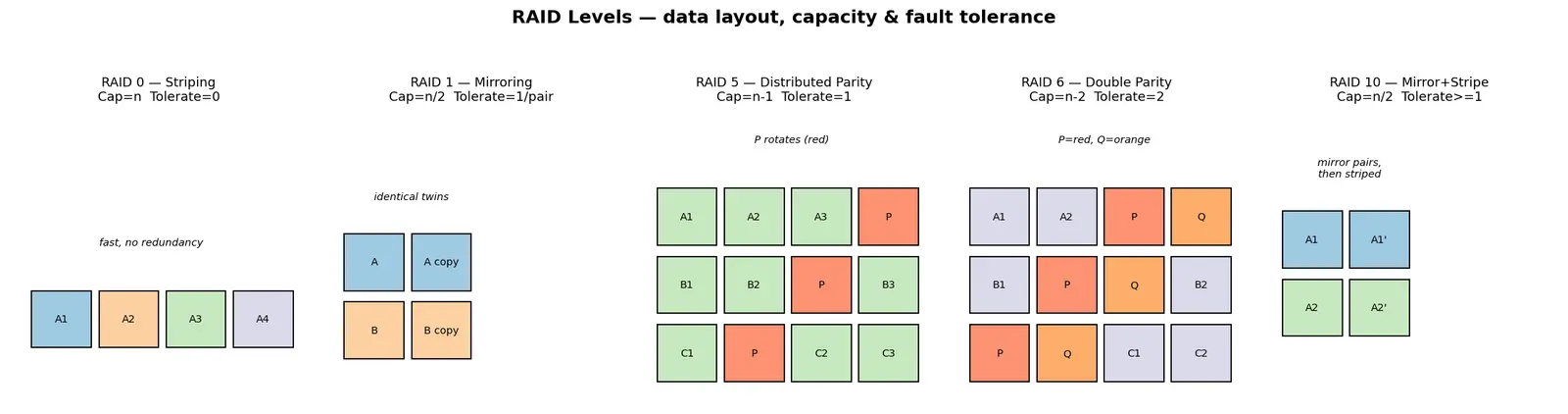 Figure — RAID — levels 0, 1, 5, 6, 10 — trade-offs