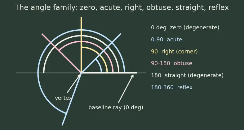 Figure — Angle measurement — protractor use, angle relationships (complementary, supplementary)