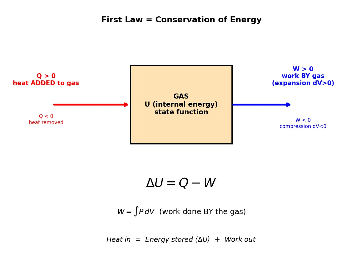 Figure — First law of thermodynamics — dU = dQ − dW, sign conventions