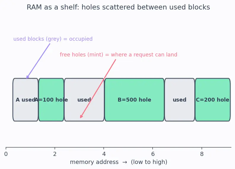Figure — Memory allocation — contiguous (first-fit, best-fit, worst-fit)