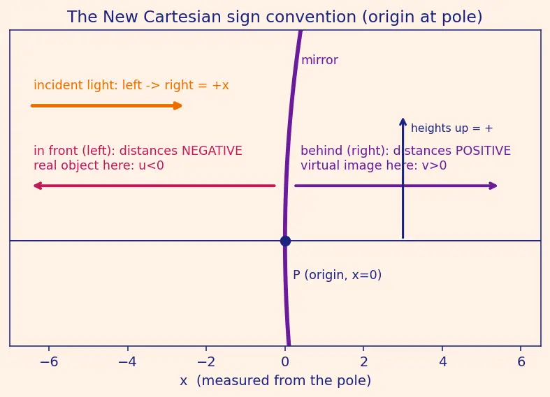Figure — Mirrors — plane, concave, convex; mirror equation 1 - v + 1 - u = 1 - f