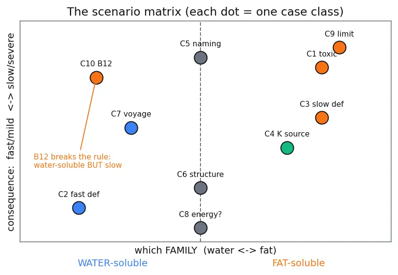 Figure — Vitamins — fat-soluble (A, D, E, K) vs water-soluble (B-complex, C)