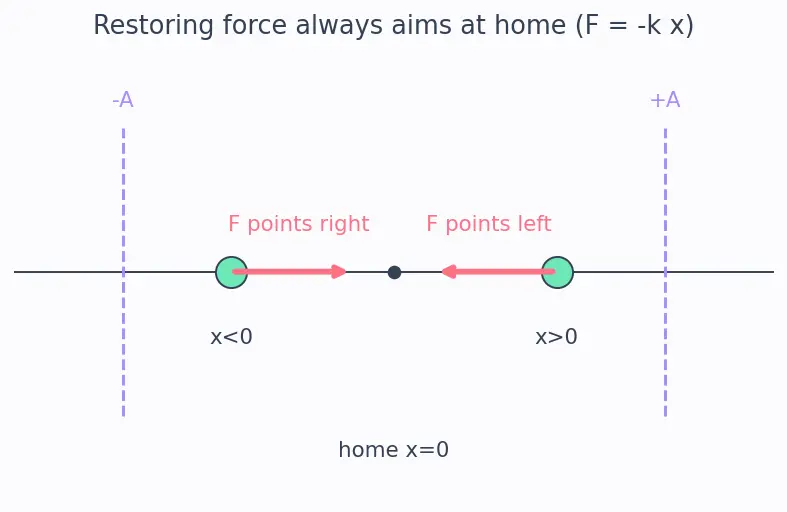 Figure — Simple harmonic motion — definition, restoring force F = −kx