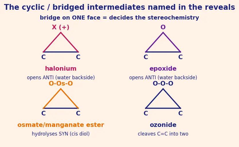 Figure — Hydroboration-oxidation, ozonolysis (reductive - oxidative), syn vs anti dihydroxylation, halohydrin formation