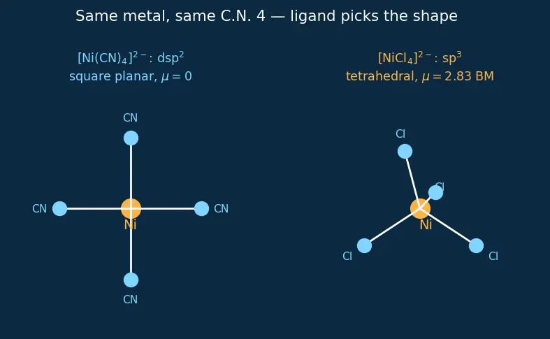 Figure — VBT applied to complexes — inner vs outer orbital, hybridization, magnetism
