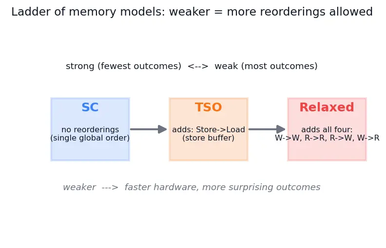 Figure — Memory models — sequential consistency, TSO, relaxed