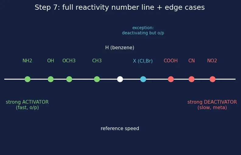 Figure — Activating vs deactivating groups; ortho - para vs meta directors; reactivity order