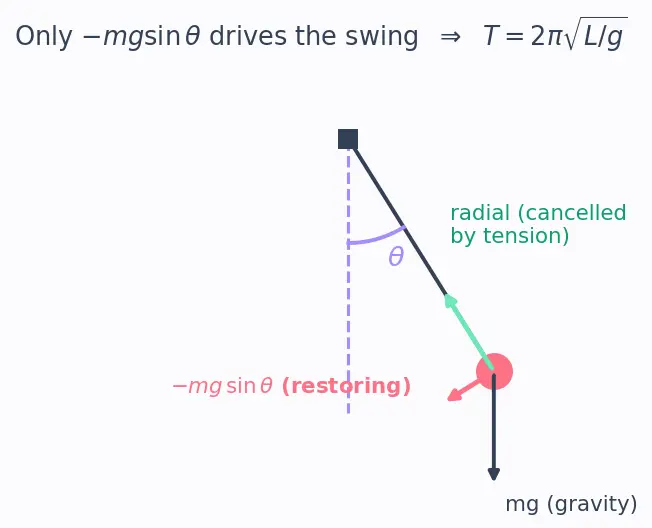 Figure — Simple pendulum — small angle approximation, T = 2π√(L - g) derivation