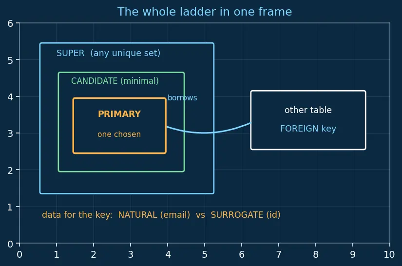 Figure — Keys — primary, candidate, super, foreign, natural vs surrogate