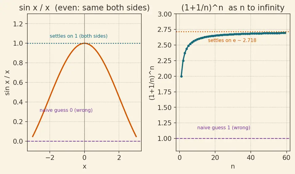 Figure — Important limits — lim(sin x  -  x) = 1, lim((1+1 - n)ⁿ) = e