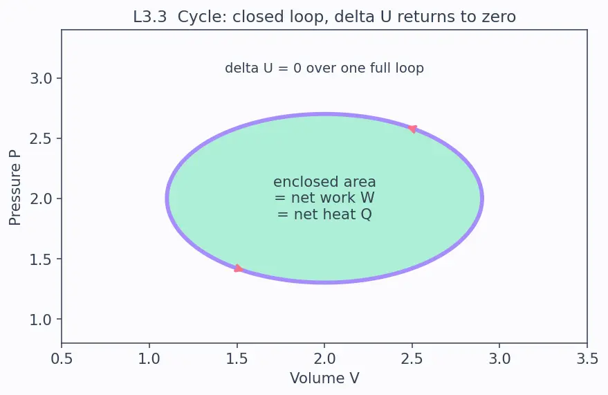 Figure — First law of thermodynamics — dU = dQ − dW, sign conventions