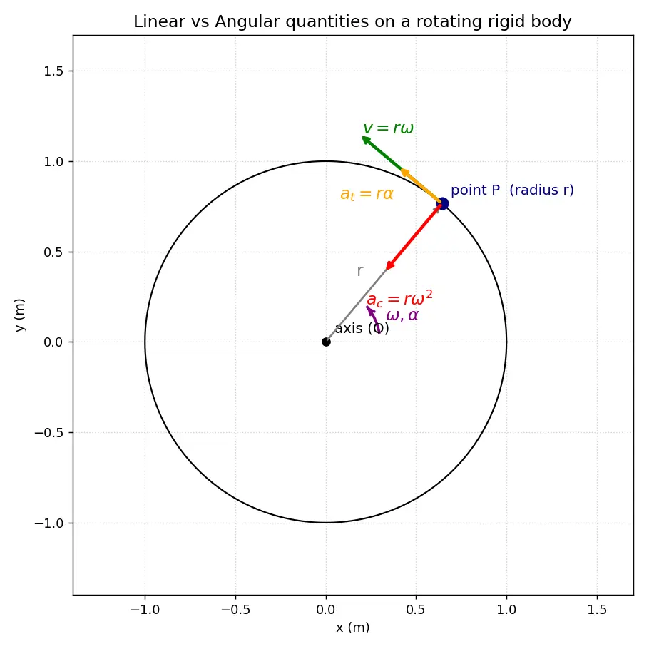 Figure — Relation to linear quantities -  v = rω, a_t = rα, a_c = rω²