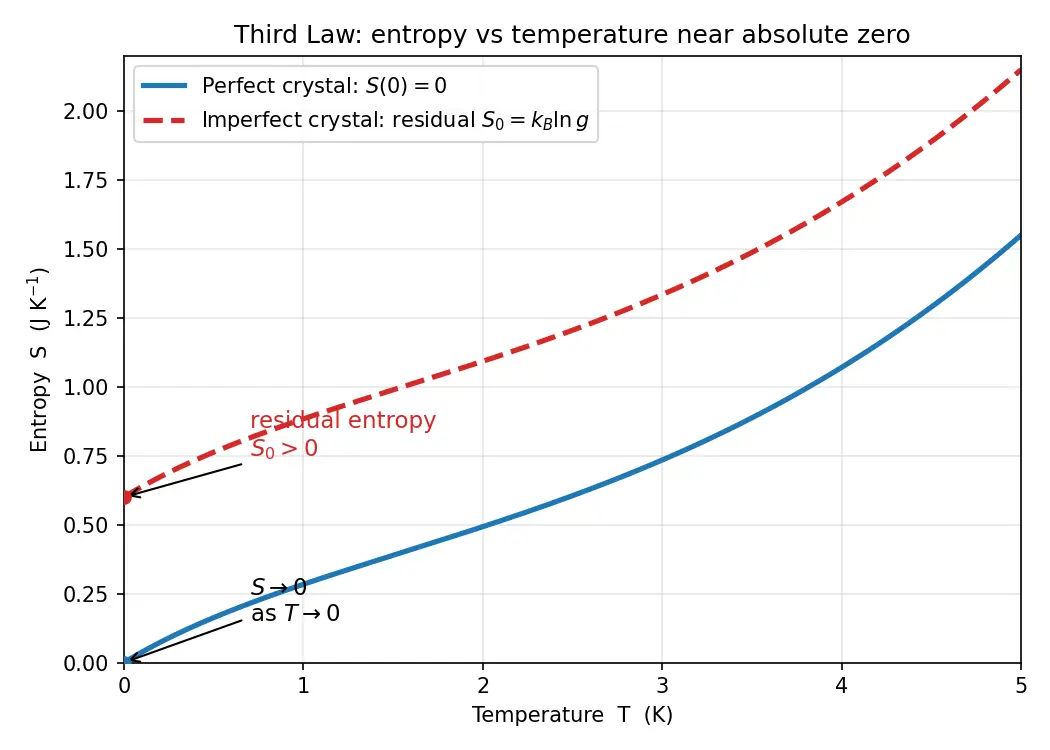Figure — Third law of thermodynamics — S → 0 as T → 0