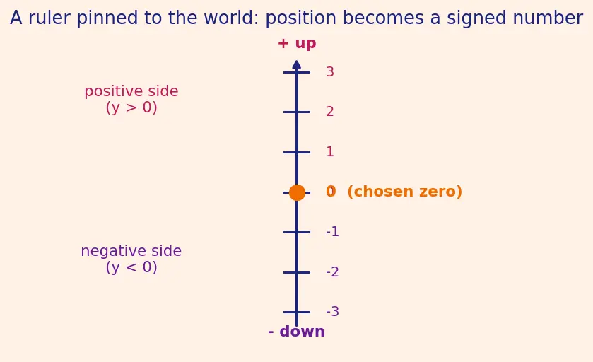 Figure — Free fall — g = 9.8 m - s², sign conventions