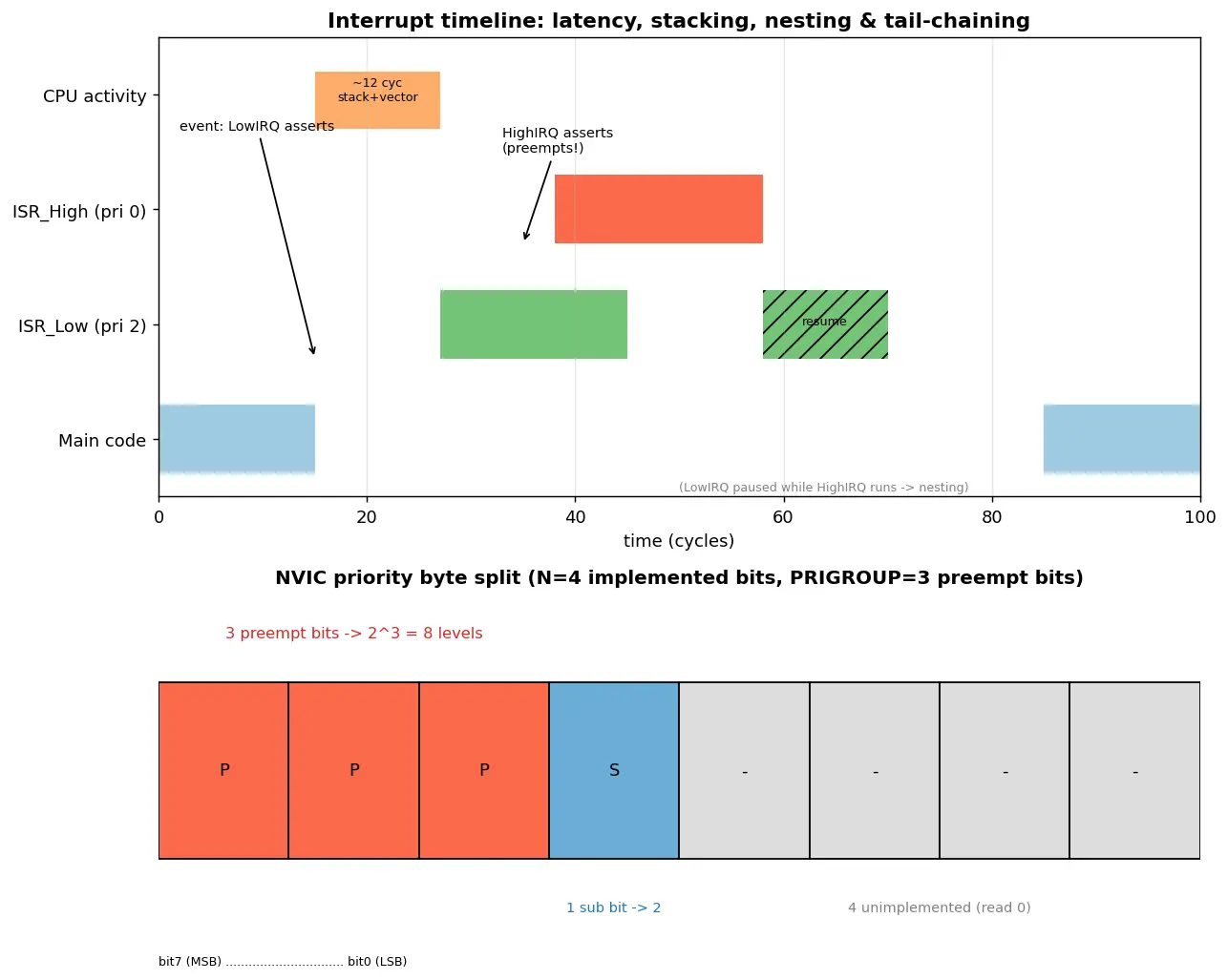 Figure — Interrupts — ISR design, NVIC priority, interrupt latency
