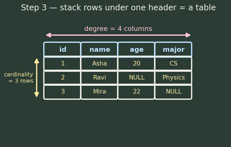 Figure — Relational model — tables, rows, columns, NULL