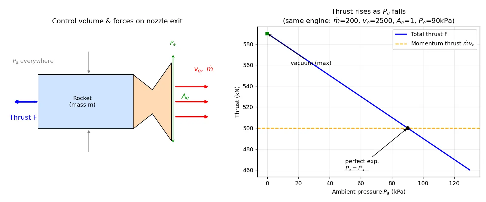 Figure — Thrust equation F = ṁv_e + (P_e − P_a)A_e — derivation