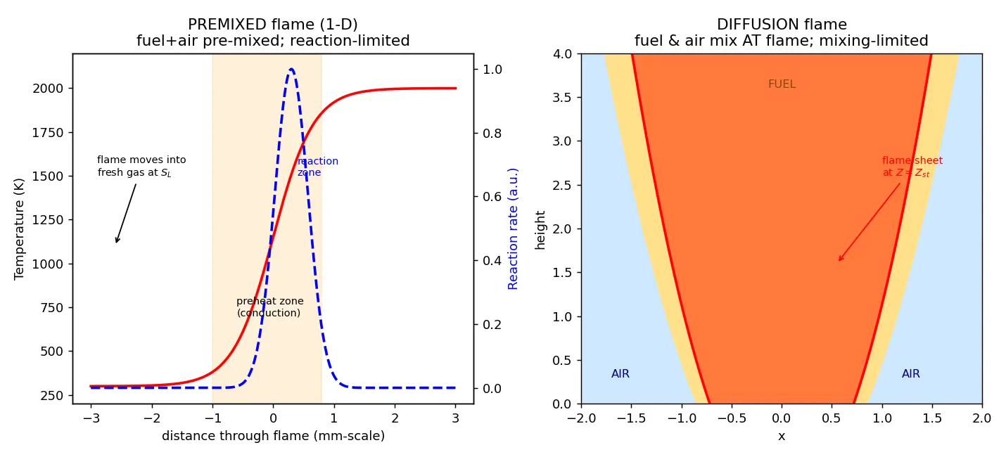 Figure — Premixed vs diffusion flames