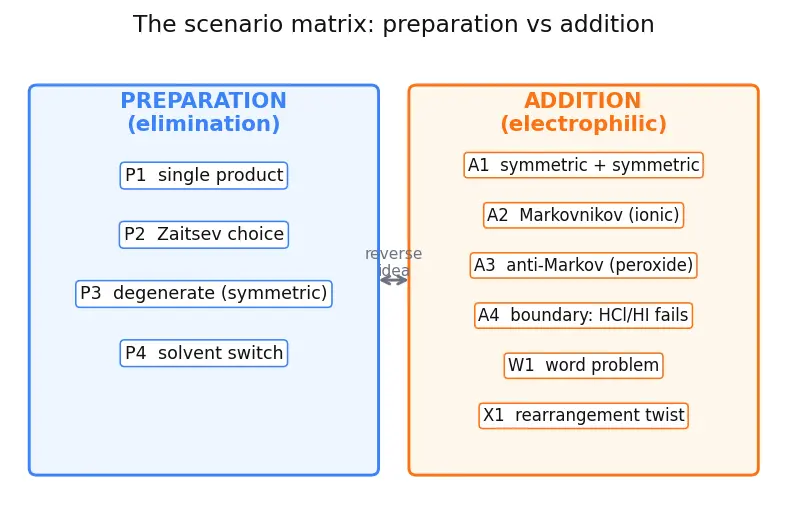 Figure — Alkenes — preparation (dehydration, dehydrohalogenation, Zaitsev's rule), addition reactions