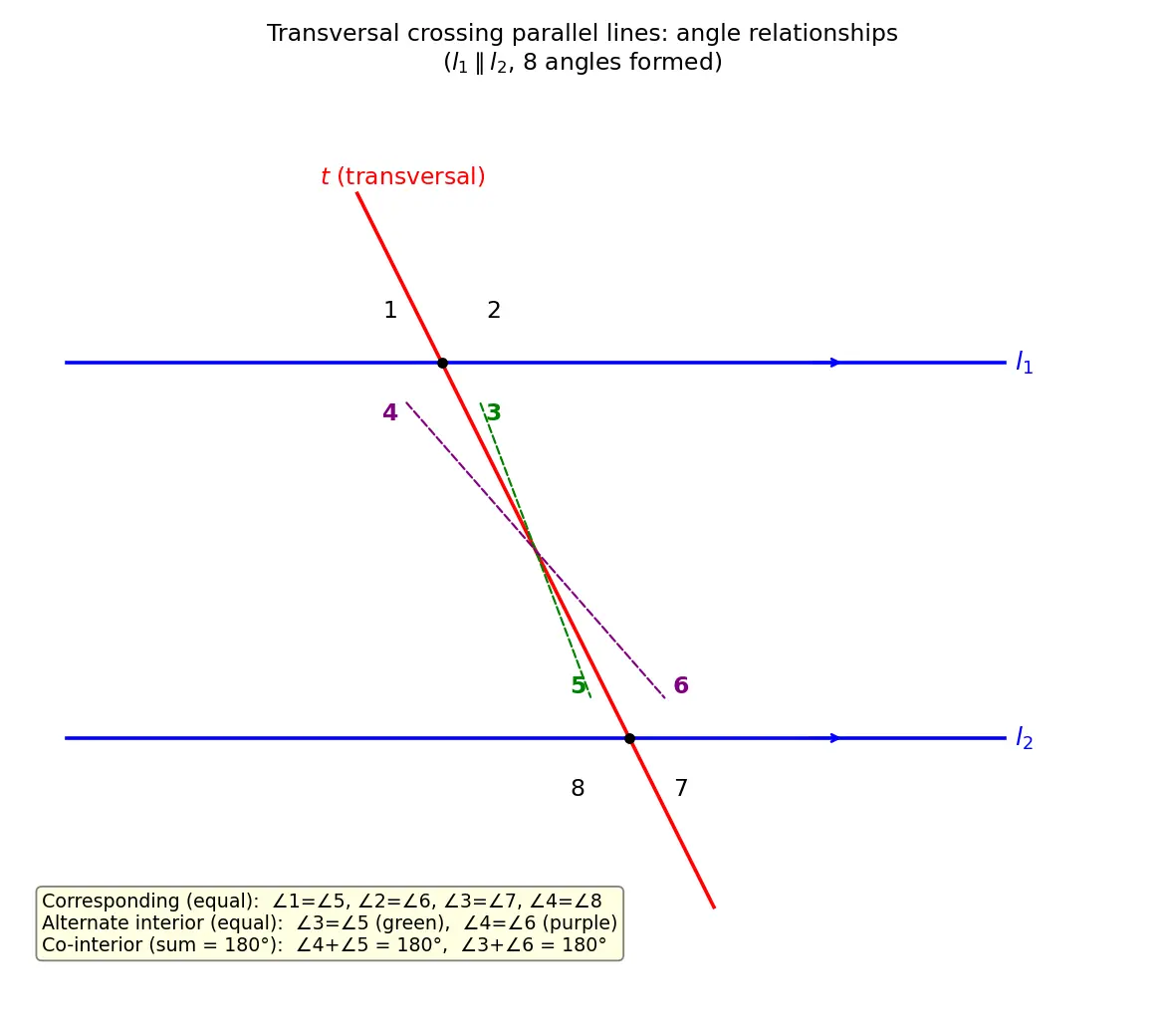 Figure — Parallel and perpendicular lines — properties, transversal, alternate - co-interior angles