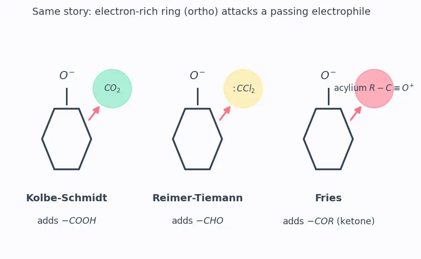 Figure — Phenols — acidity (resonance stabilization), Kolbe-Schmidt, Reimer-Tiemann, Fries rearrangement