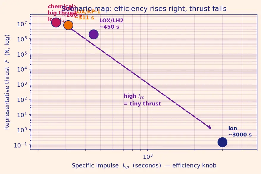 Figure — Typical Isp values — solid (~260s), LOX - RP1 (~311s), LOX - LH2 (~450s), ion engines (~3000s)
