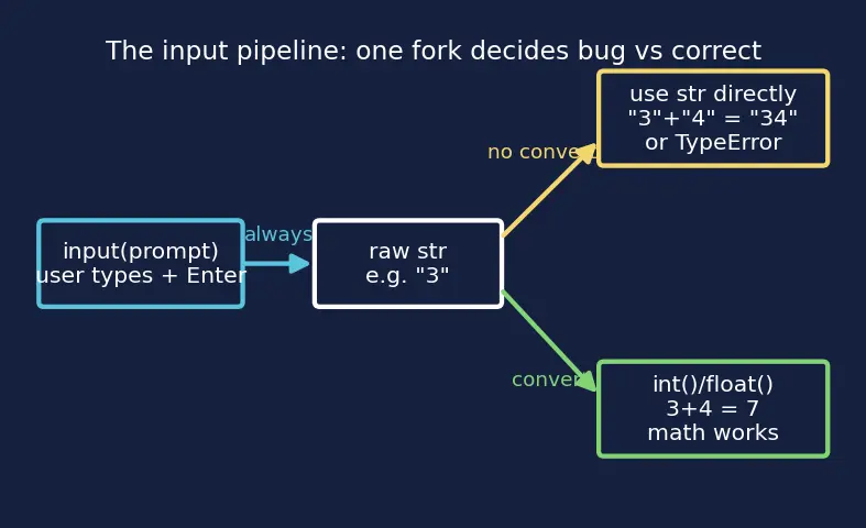 Figure — Input with `input()` — always returns string, conversion needed