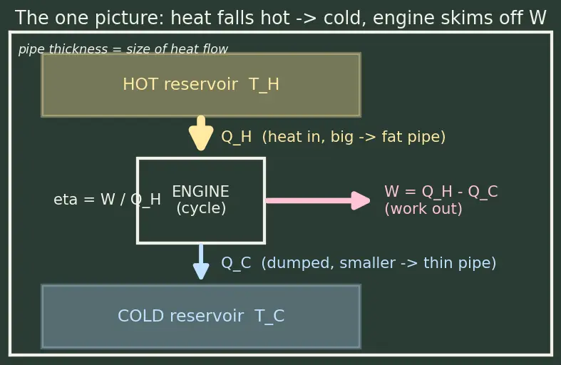 Figure — Heat engines — efficiency η = 1 − Q_C - Q_H