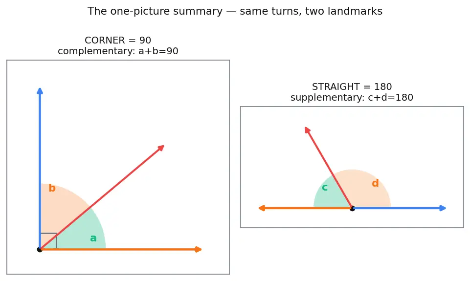 Figure — Angle measurement — protractor use, angle relationships (complementary, supplementary)