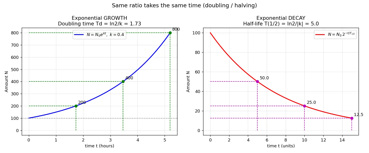 Figure — Exponential growth and decay models — half-life, doubling time