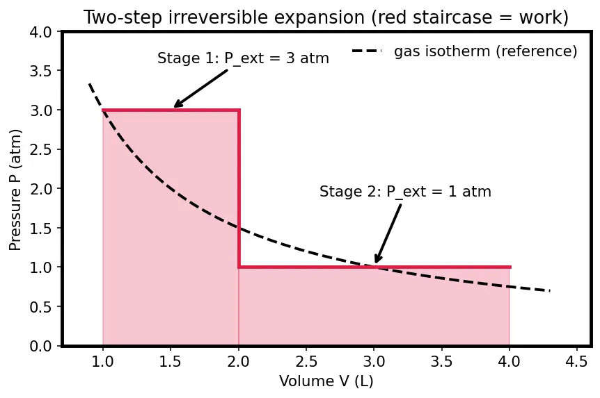 Figure — Work in expansion -  reversible isothermal w = −nRT ln(V₂ - V₁), irreversible w = −P_ext ΔV