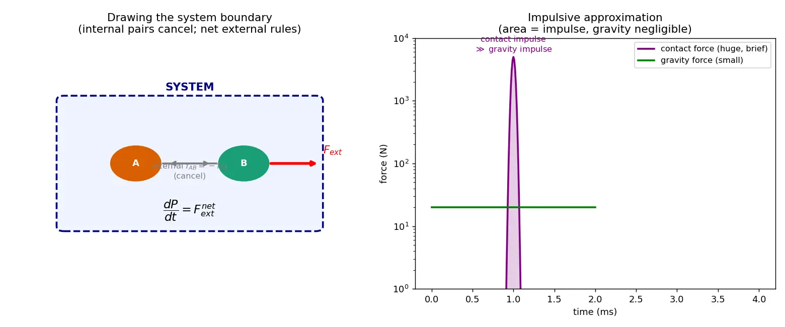 Figure — System with external forces — conditions for conservation