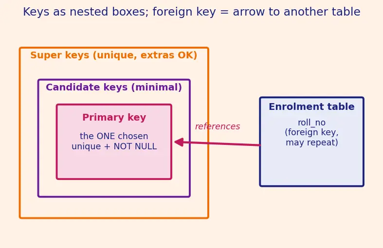 Figure — Keys — primary, candidate, super, foreign, natural vs surrogate