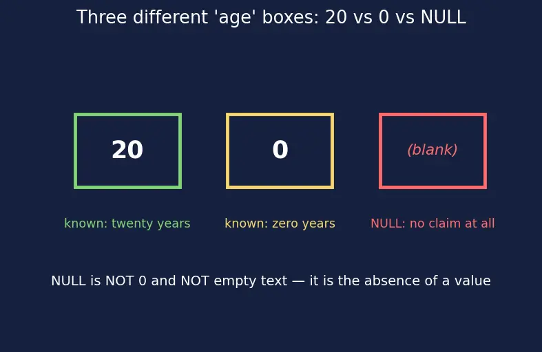 Figure — Relational model — tables, rows, columns, NULL